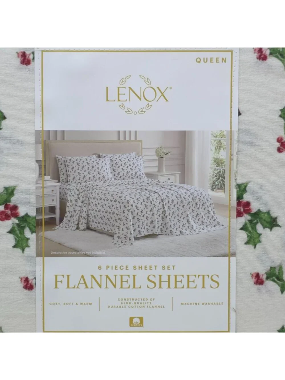 Lenox 6-Piece Queen Flannel Sheet Set With Holly Print 100% Cotton Cozy